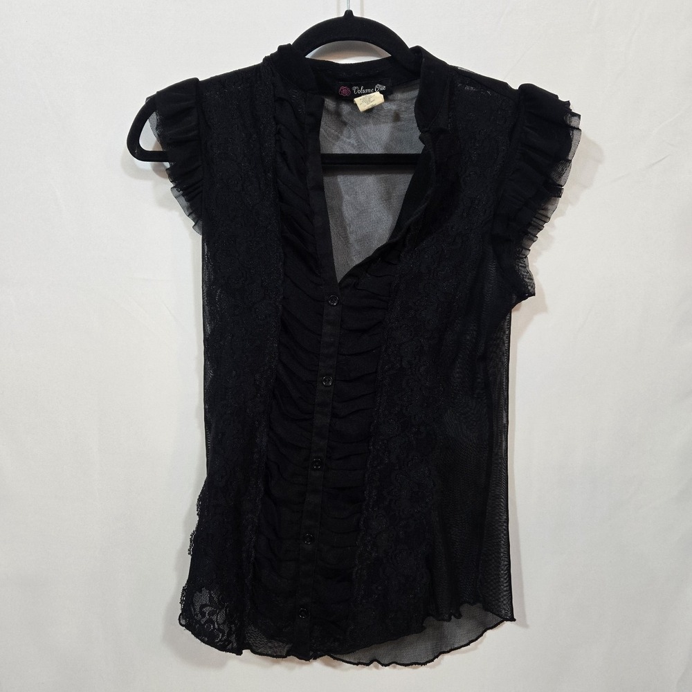 Volume One S Black Lace Mesh Ruched Button Top Romantic Goth Y2K Style